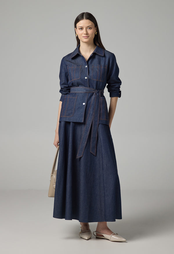 Choice Solid Front Pockets Belted Jacket Indigo