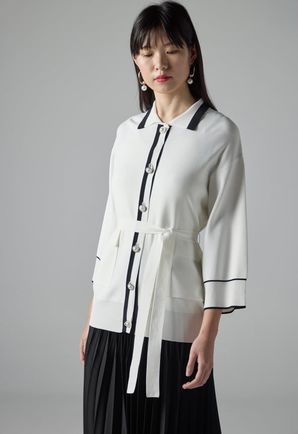 Choice Contrast Knitted Belted Cardigan Off White