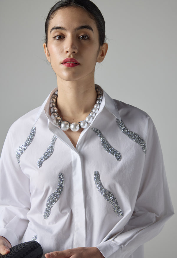 Choice Solid Crystal Embellished Shirt Off White