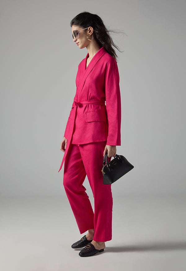 Choice Long Sleeve Belted Solid Jacket Fuchsia