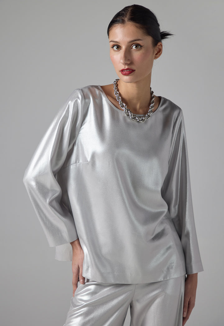 Choice Long Sleeve Metallic Foil Blouse Grey