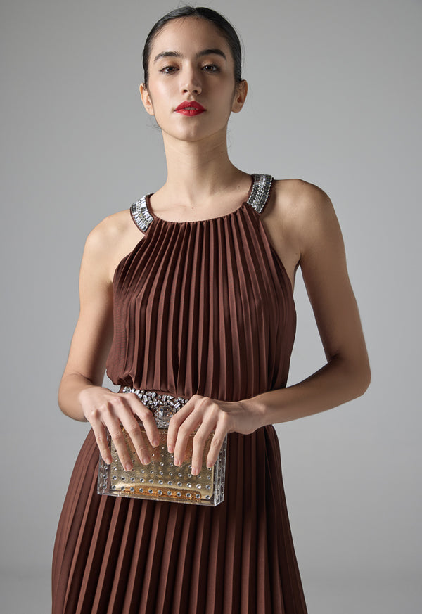 Choice Solid Pleated Sleeveless Dress Brown
