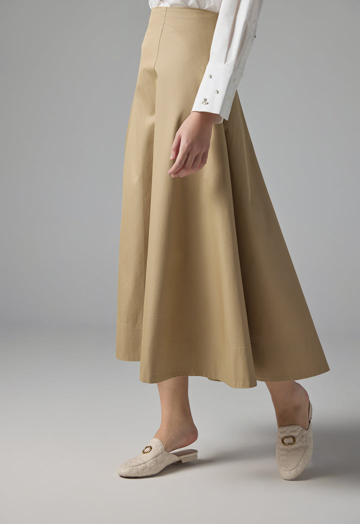 Choice Flared Maxi Solid Skirt Beige