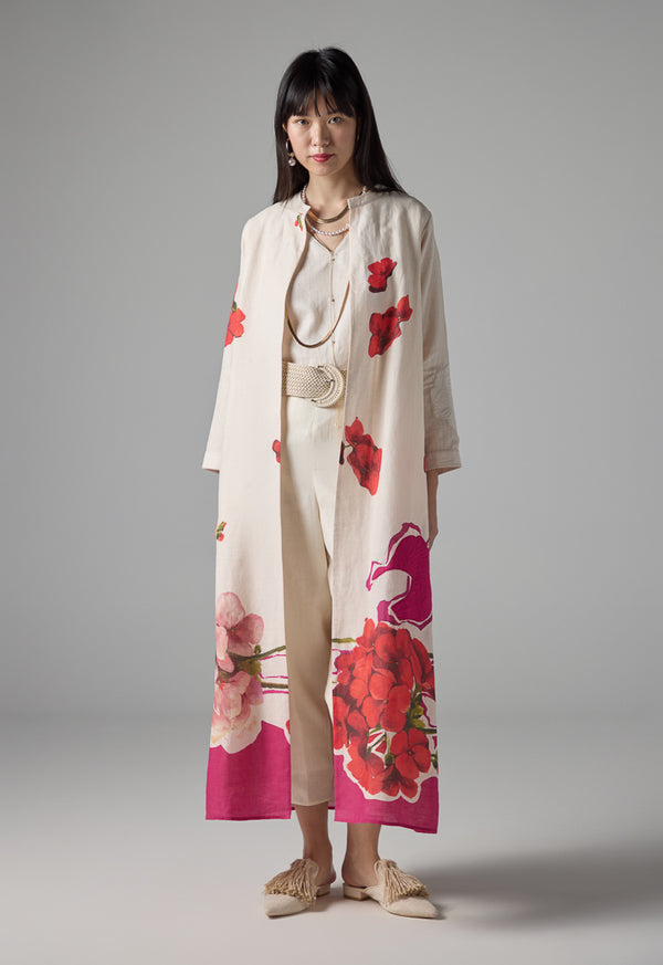 Choice Floral Print Belted Abaya - Ramadan Style Off White