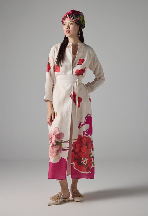 Choice Floral Print Belted Abaya - Ramadan Style Off White