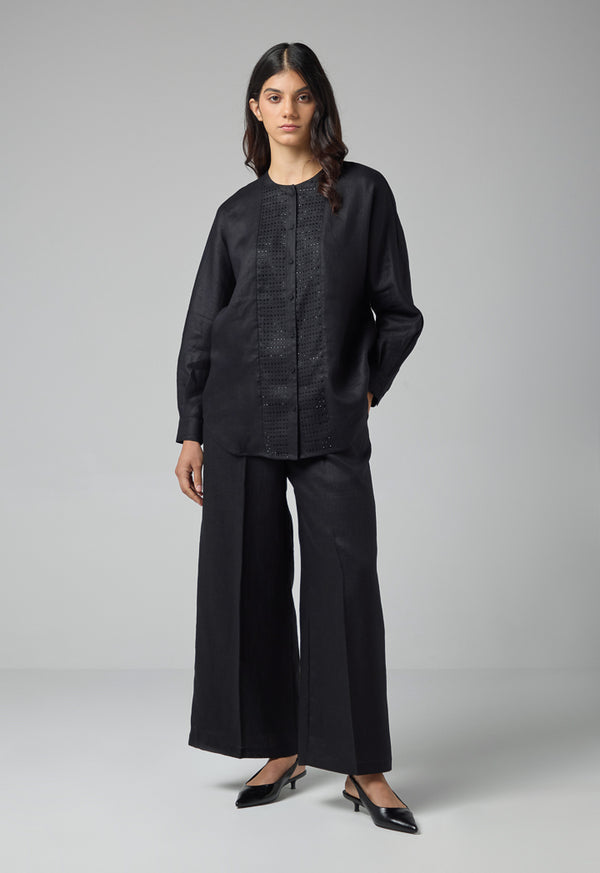 Choice Long Kimono Sleeves Linen Shirt Black