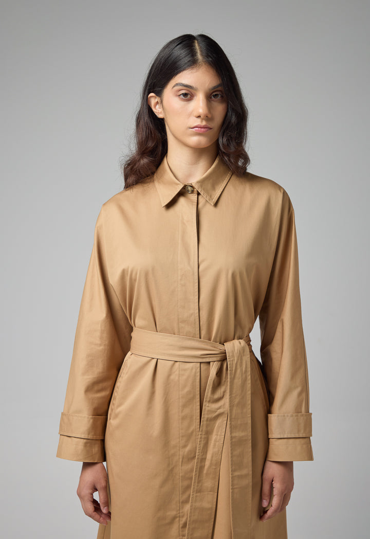 Choice Solid Belted Maxi Coat Camel