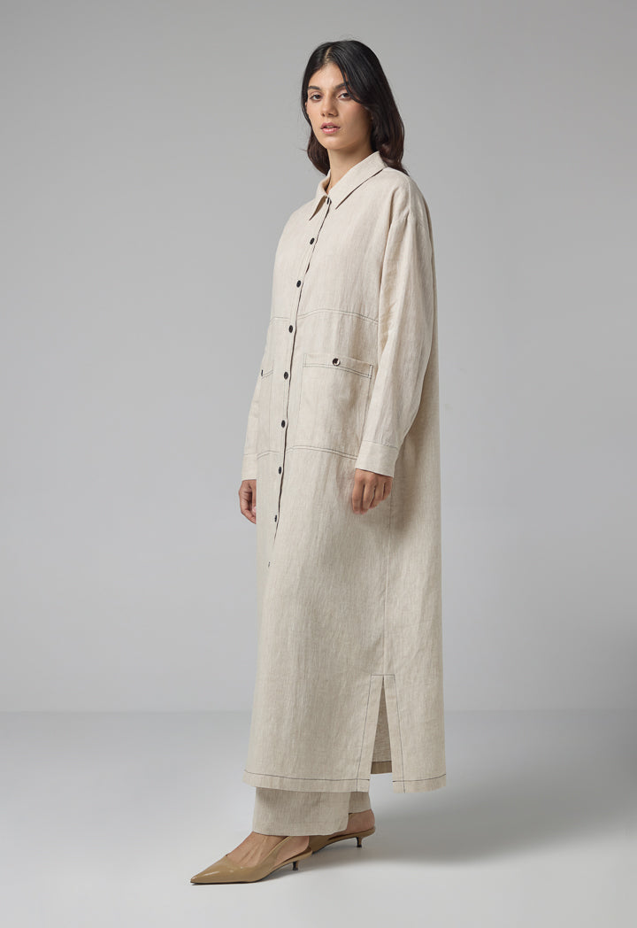 Choice Front Pockets Linen Shirt Dress Beige