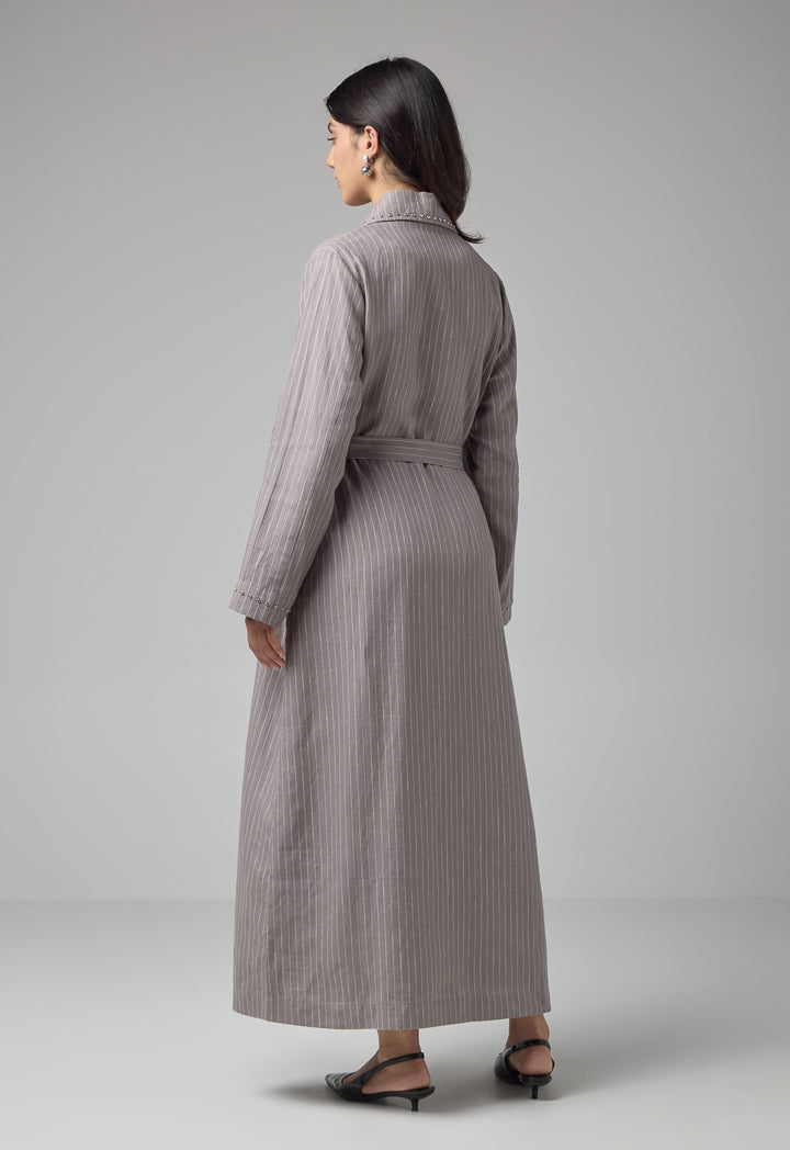 Choice Crystal Embellished Belted Striped Abaya Grey