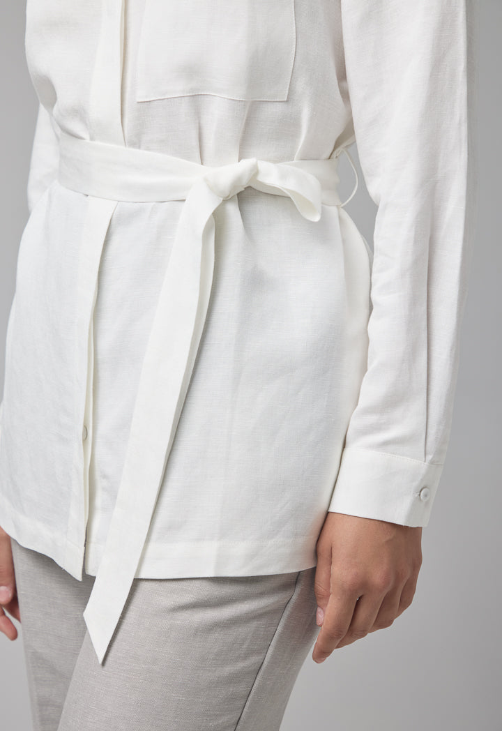 Choice Solid Long Sleeve Belted Shirt Off White