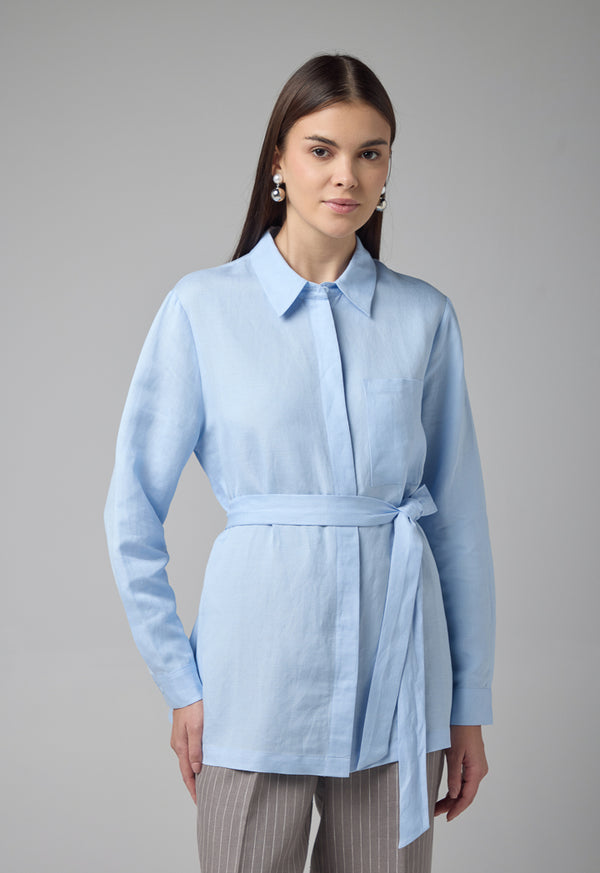 Choice Solid Long Sleeve Belted Shirt Blue