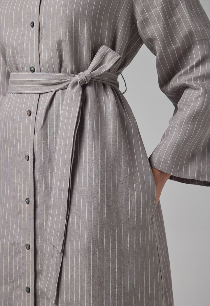 Choice Striped Belted Shirt Dress Grey