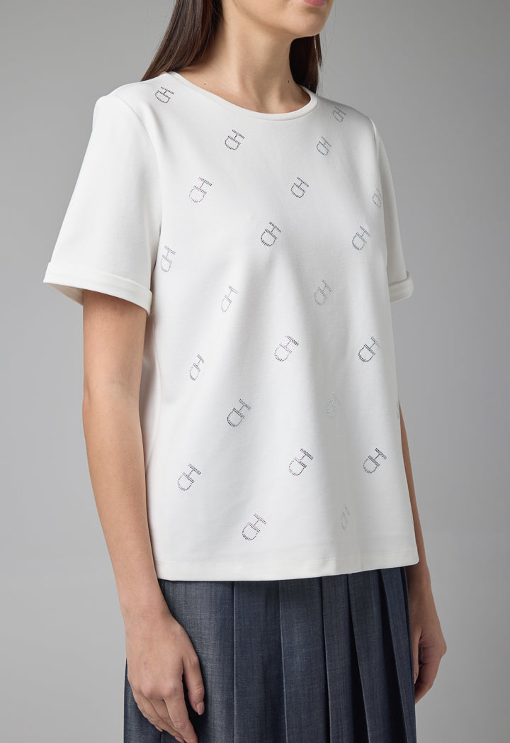 Choice Monogram Crystal Embellished Solid T-Shirt Off White