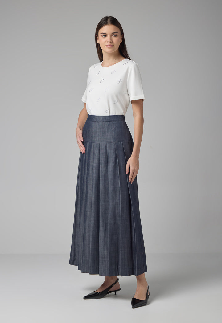 Choice Single Tone Pleated Flared Maxi Skirt Indigo