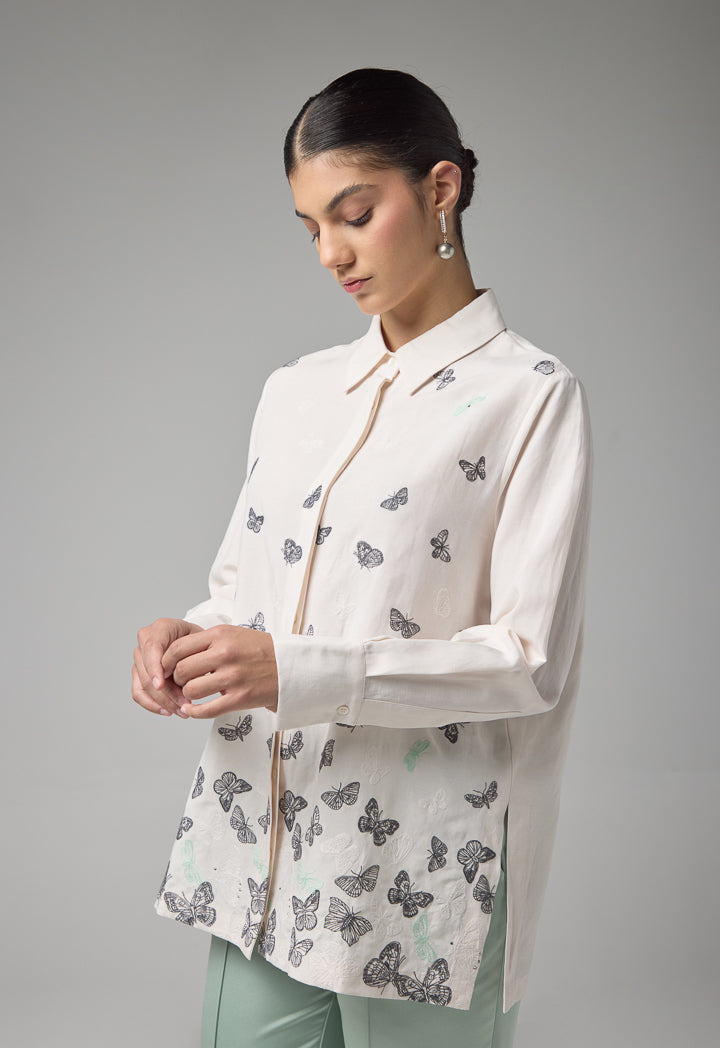 Choice Butterfly Embroidered Long Sleeves Shirt Beige