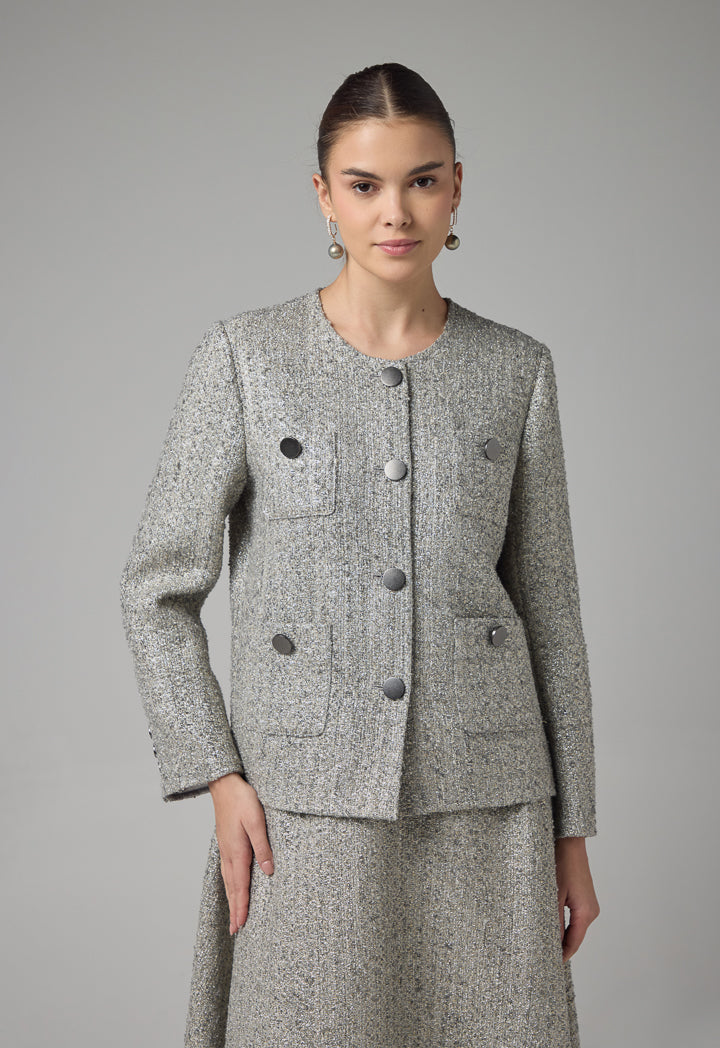 Choice Multi Front Pockets Tweed Lurex Jacket Grey