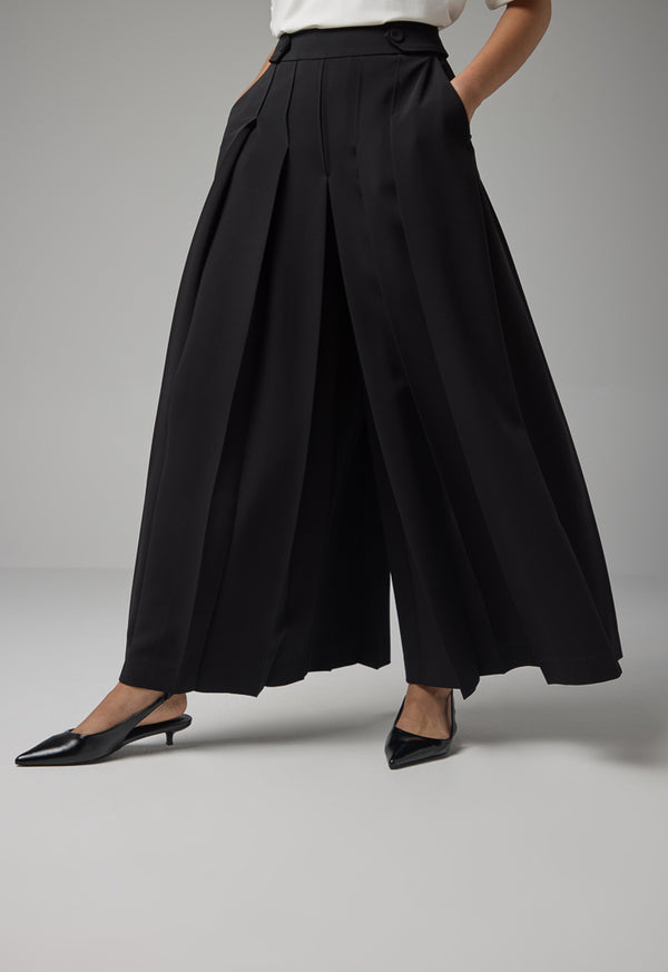 Choice Wide Legs Pleated Basic Culottes Black