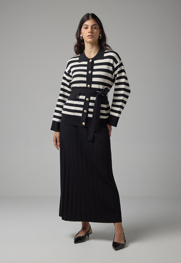 Choice Two-Tone Knitted Belted Cardigan Offwhite/Black