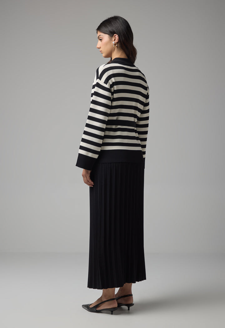 Choice Two-Tone Knitted Belted Cardigan Offwhite/Black