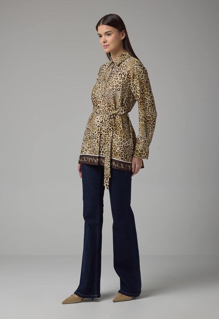 Choice Leopard Print Regular Fit Belted Shirt Brown