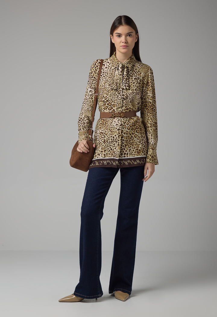 Choice Leopard Print Regular Fit Belted Shirt Brown