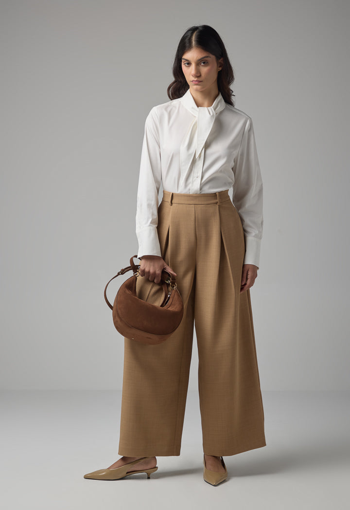 Choice Solid Wide Legs Pleated Culottes Camel