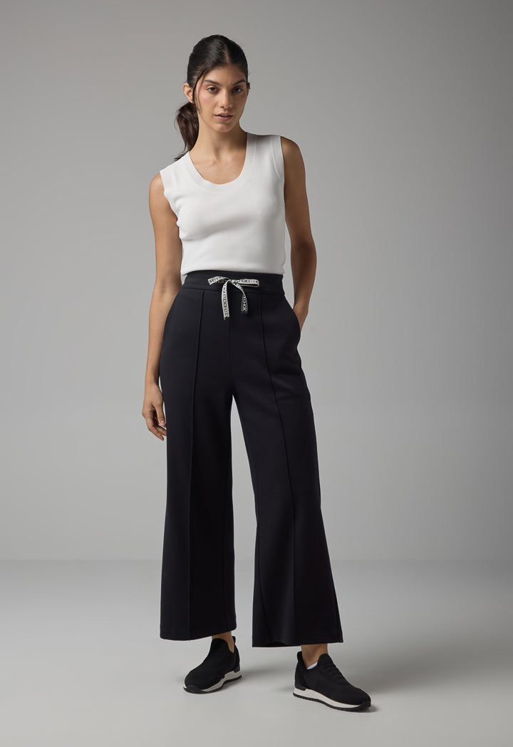 Choice Wide Leg Drawstring Solid Trousers Black