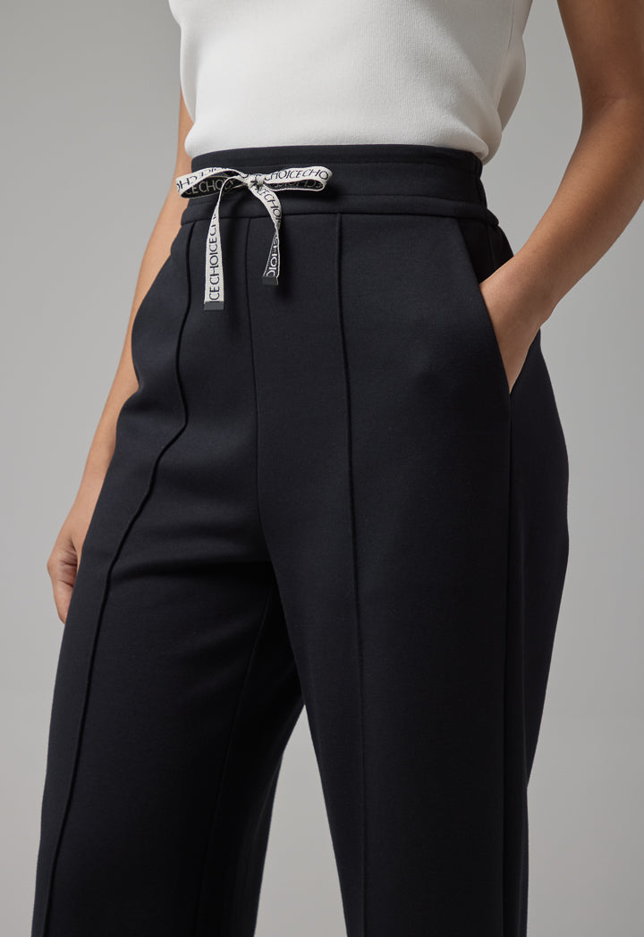 Choice Wide Leg Drawstring Solid Trousers Black