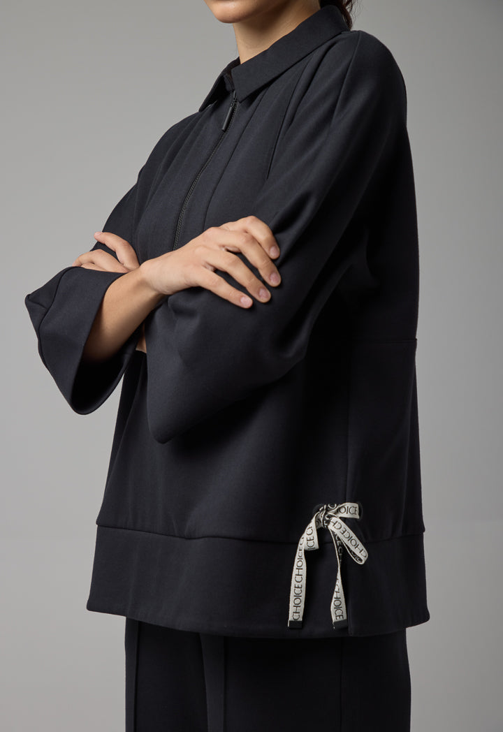 Choice Solid Long Kimono Sleeve Blouse Black