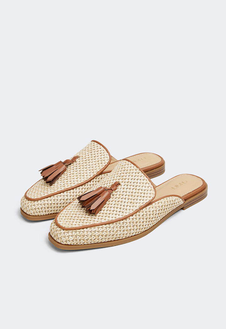 Choice Intricate Faux Straw Mules Camel