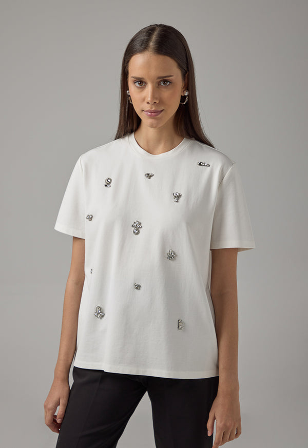 Choice Solid Crystal Embellished T-Shirt Cream