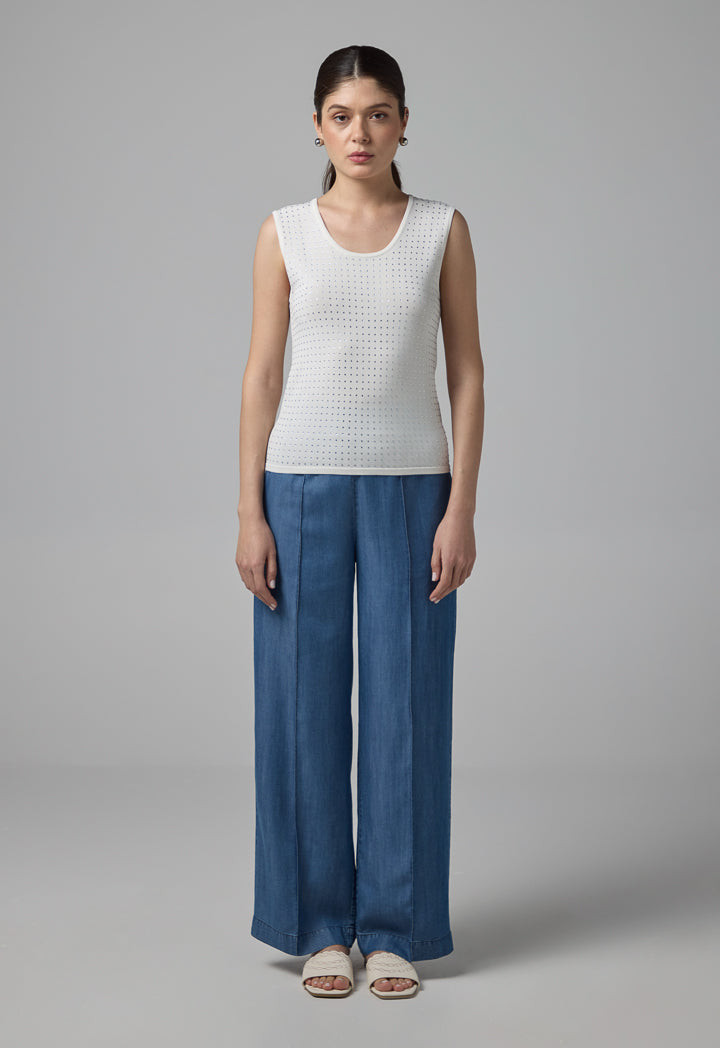 Choice Sleeveless Crystal Embellished Knitted Top Off White