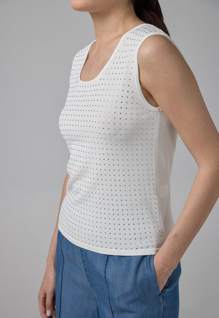 Choice Sleeveless Crystal Embellished Knitted Top Off White