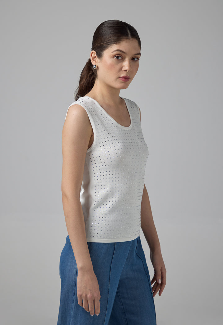Choice Sleeveless Crystal Embellished Knitted Top Off White