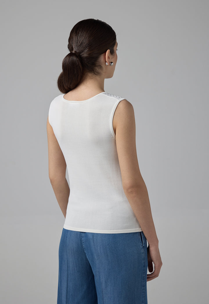 Choice Sleeveless Crystal Embellished Knitted Top Off White