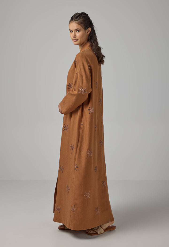 Choice Embroidered Sequin Maxi Abaya   Caramel