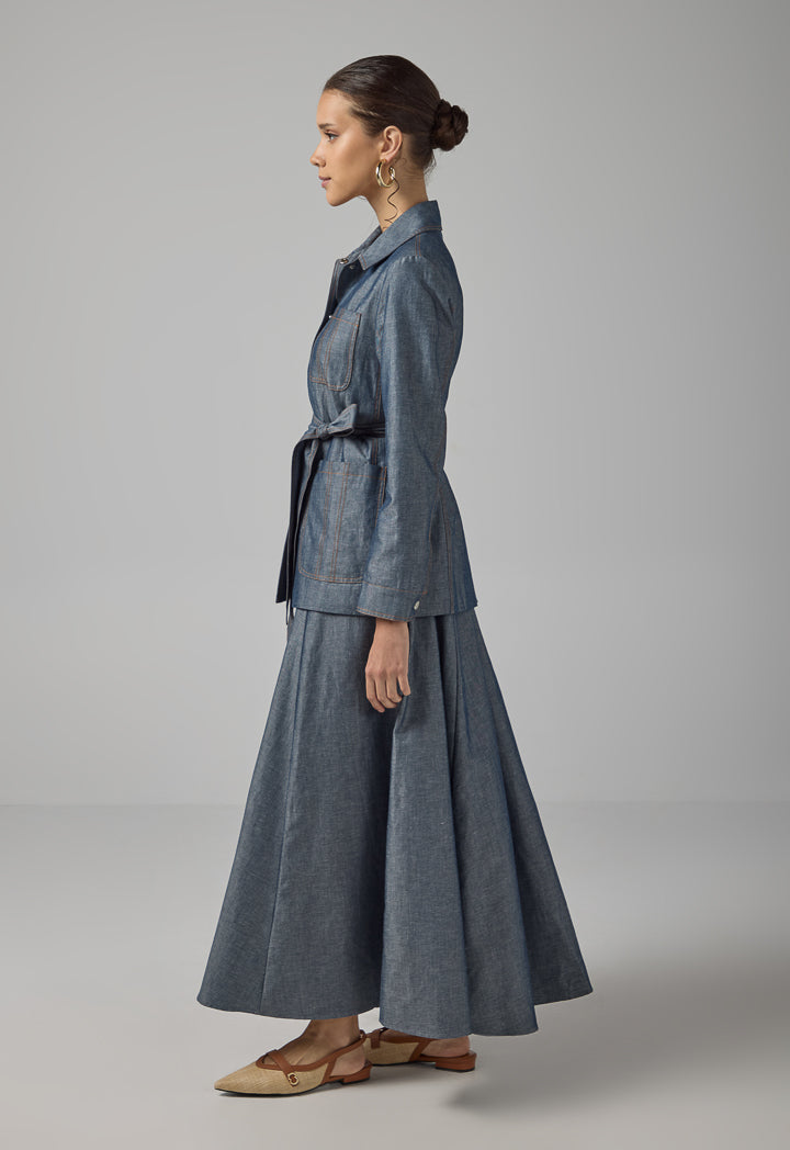 Choice Multi Front Pocket Coat With Belt Indigo