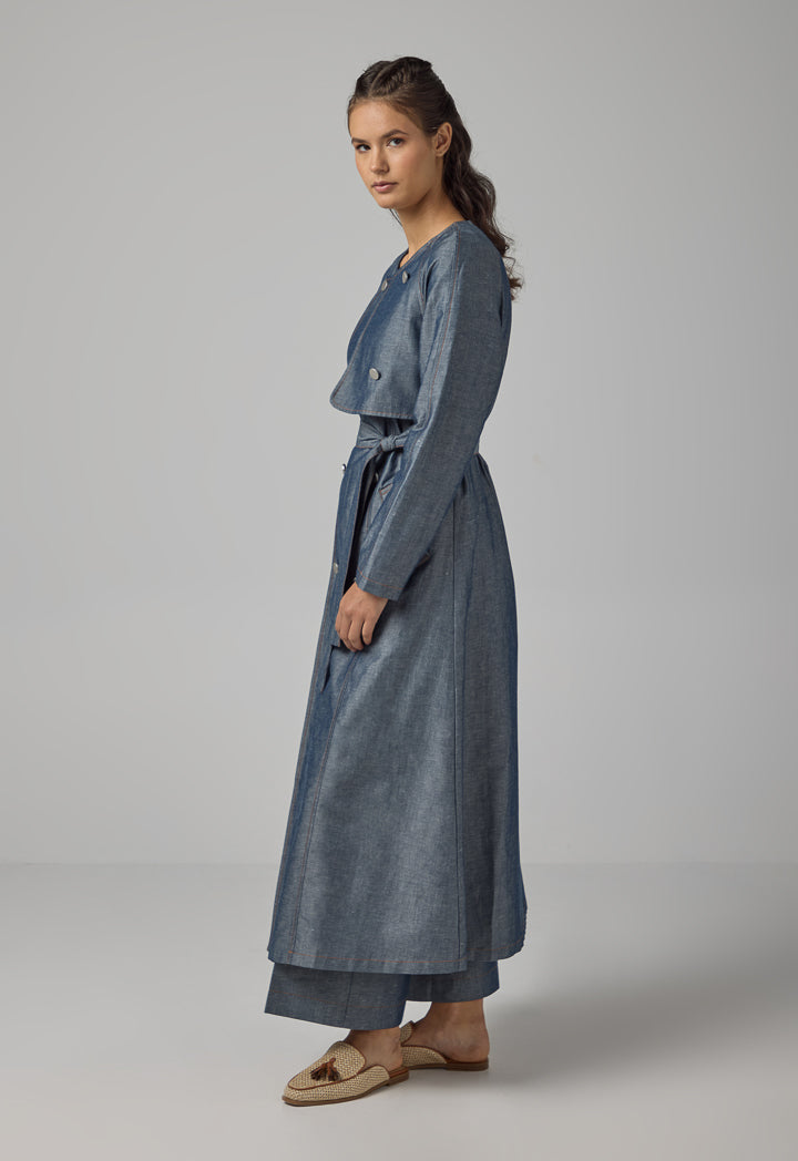 Choice Multi Front Pocket Coat With Belt Indigo