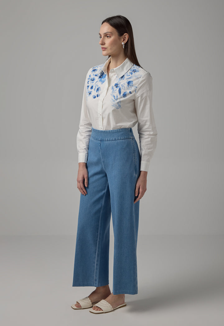 Choice Solid Wide Leg Denim Trousers Light Blue