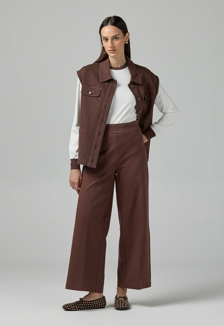 Choice Solid Crystal Embellished Denim Vest Brown