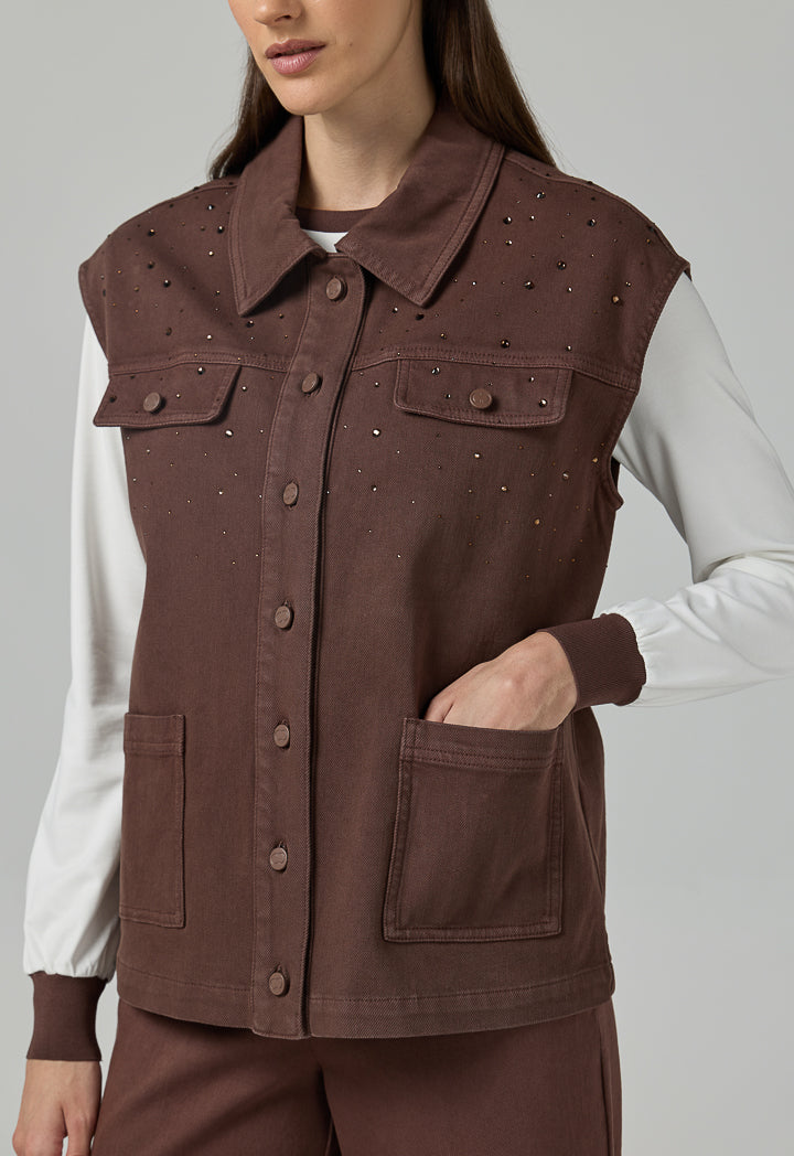 Choice Solid Crystal Embellished Denim Vest Brown