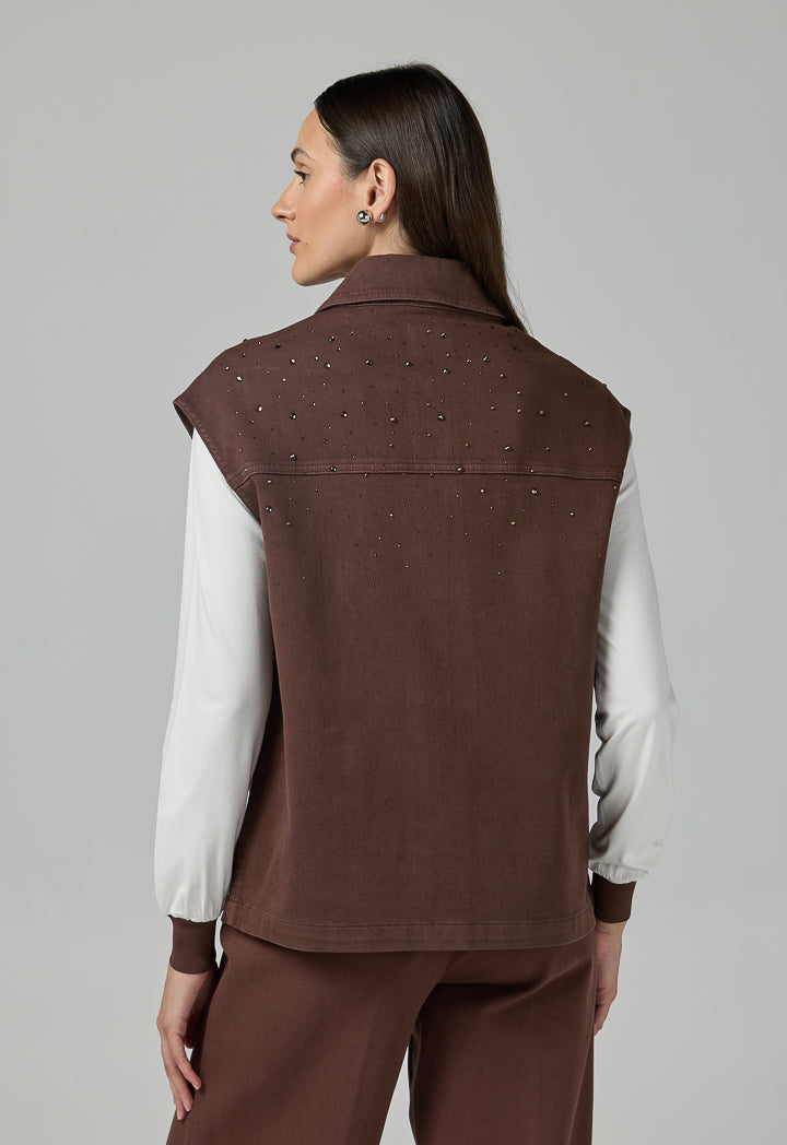 Choice Solid Crystal Embellished Denim Vest Brown