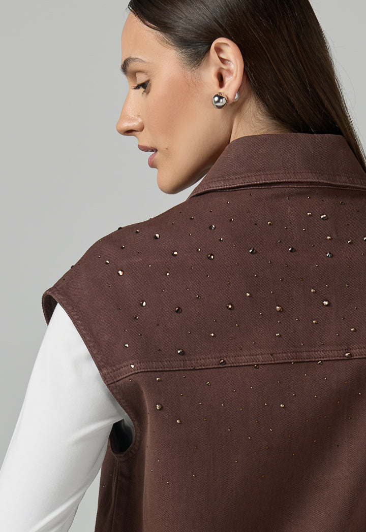 Choice Solid Crystal Embellished Denim Vest Brown