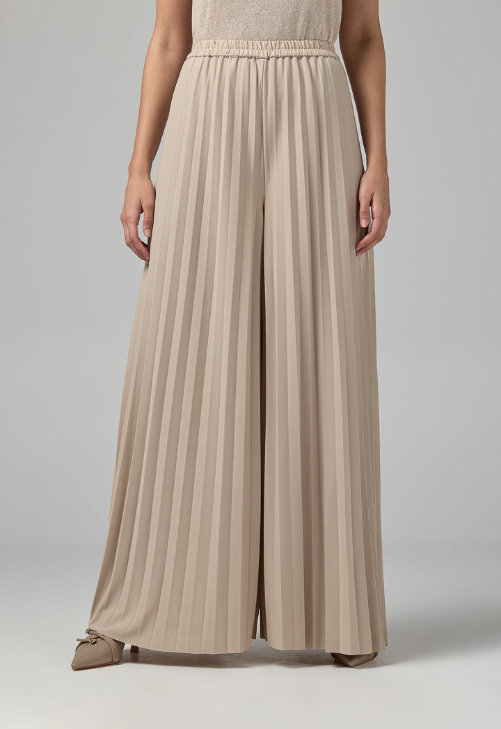 Choice Solid Wide Leg Pleated Trousers Beige