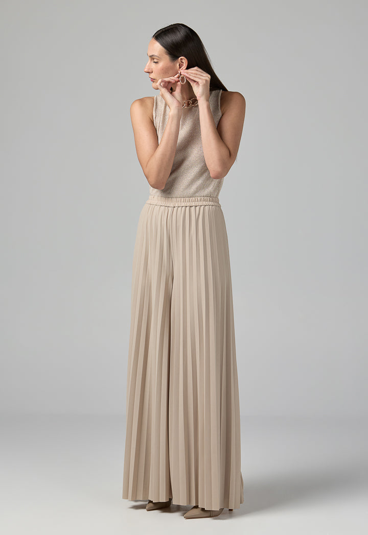 Choice Solid Wide Leg Pleated Trousers Beige