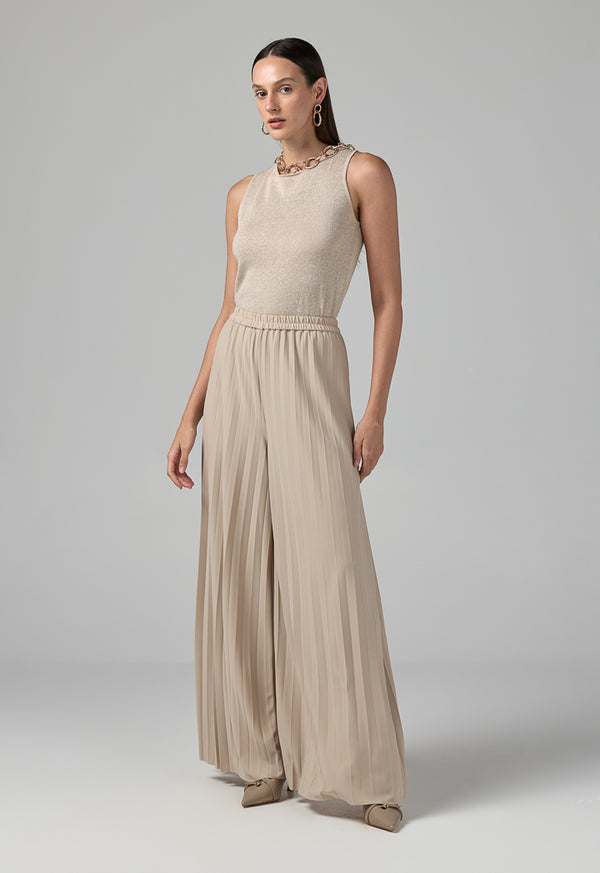Choice Solid Wide Leg Pleated Trousers Beige