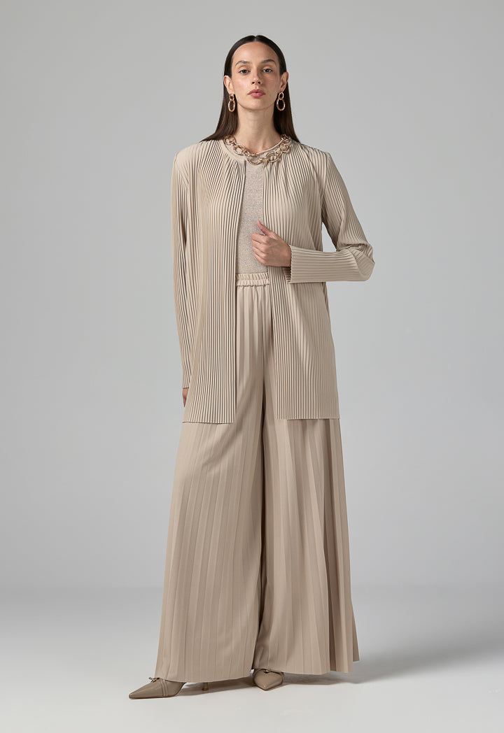 Choice Solid Pleated Belted Jacket Beige