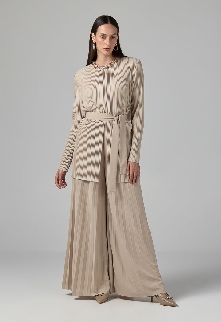 Choice Solid Pleated Belted Jacket Beige