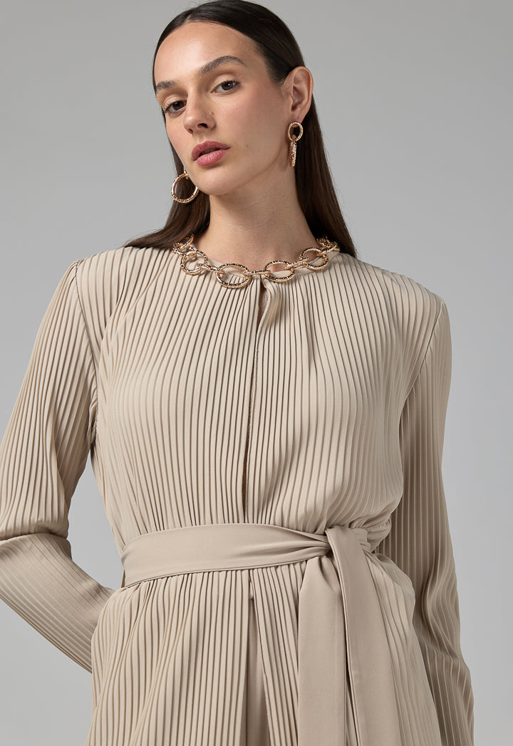 Choice Solid Pleated Belted Jacket Beige