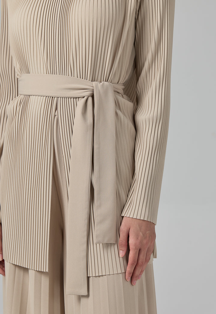 Choice Solid Pleated Belted Jacket Beige